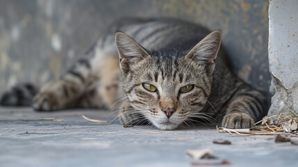 Striped cat lying down comfortably in the shade, looking directly at the camera with a relaxed gaze.