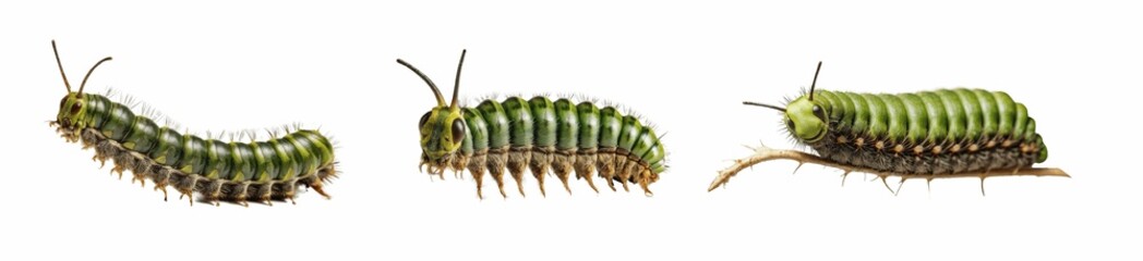 three green caterpillars isolated on transparent background