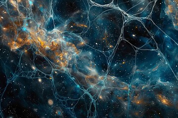The cosmic network of galaxies with filaments of dark matter and galaxies stretches across the universe like spider webs in the sky. - obrazy, fototapety, plakaty