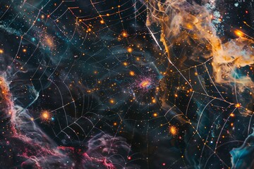 The cosmic network of galaxies with filaments of dark matter and galaxies stretches across the universe like spider webs in the sky. - obrazy, fototapety, plakaty