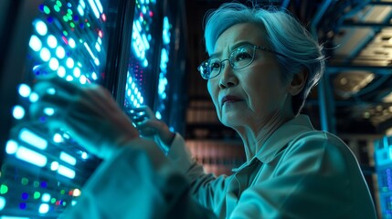 Fototapeta na wymiar AI generated illustration of an elderly woman working on a server panel