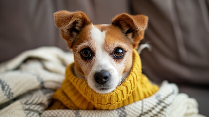Small, adorable dog with a quizzical expression, dressed in a cozy yellow sweater.
