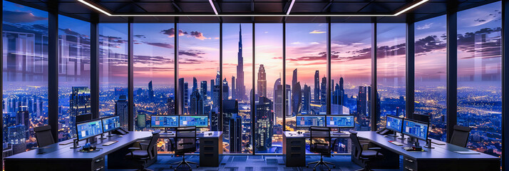 Nighttime Urban Skyline, Modern Cityscape with Illuminated Skyscrapers and Futuristic Design