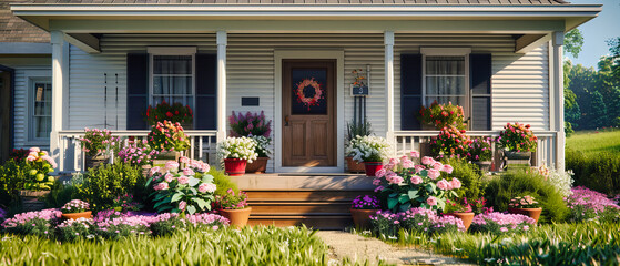 Fototapeta na wymiar Festive Home Entrance, Seasonally Decorated Porch with Flowers and Garland, Inviting Atmosphere for Celebrations