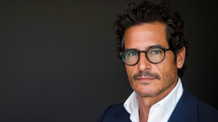 Stylish Cuban Man with Curly Hair, Glasses, and Sharp Suit