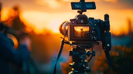 an image of a camera on a tripod in the sunset