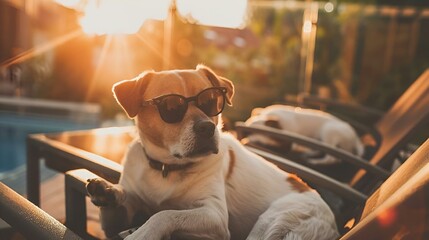 a white dog laying on top of a chair next to a pool - obrazy, fototapety, plakaty