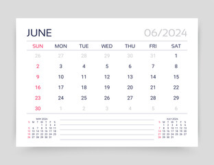 June 2024 year calendar. Week starts Sunday. Planner calender template. Desk monthly organizer. Timetable layout. Corporate diary. Table schedule grid. Vector simple illustration. Paper size A5