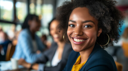 Fototapeta premium Cheerful young woman with curly hair smiles brightly at a cafe, with people in the background.