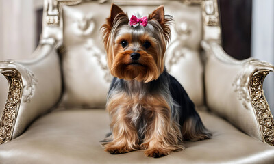 beautiful yorkshire terrier with pink bow sitting on a silk armchair or throne