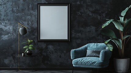 Picture mockup with black vertical frame on dark wall. Stylish dark interior with blue armchair, poster mockup.