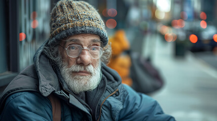Gentle-faced homeless man with a beard and glasses looks into the distance, set against a city backdrop.