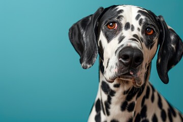 Dalmatian Pup Posing with Empty Card, Vibrant Blue Background