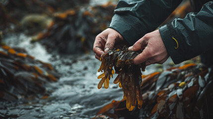 Person's hands holding a clump of wet seaweed, with water in the background. - obrazy, fototapety, plakaty