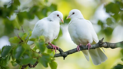 a couple of white birds sitting on a tree branch in the middle of the forest