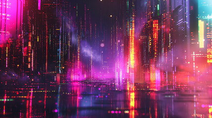 Futuristic neon-lit cityscape reflects on the water surface, creating a vibrant and dynamic night scene.