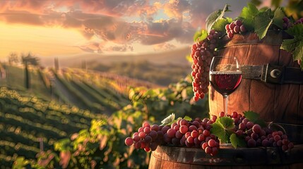 two glasses of wine atop a wooden barrel, accompanied by a bountiful bunch of grapes still attached to the vine, as the warm sun rays cast a golden hue over the picturesque landscape.