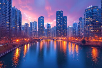 Fototapeta premium Evening Splendor: Chicago Skyline in Sunset Hues