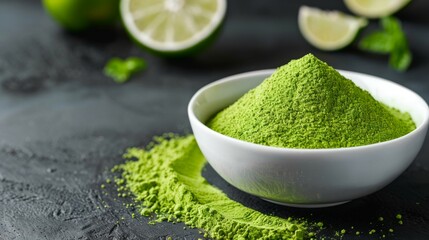 Green lime powder in a bowl surrounded by fresh citrus fruits and zest with a focus on cooking ingredients