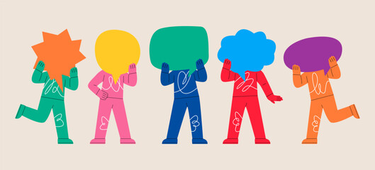 People holding large speech message bubbles with instead of heads. Colorful vector illustration