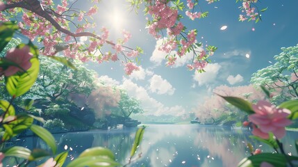Obraz na płótnie Canvas Digital fantasy cherry blossoms under the blue sky poster web page PPT background