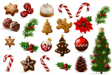 Collection of Christmas Themed Icons: Decorated Cookies, Candy Canes, Ornaments, Pine Cone, and Tree on White Background