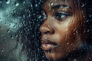 Fototapeta na wymiar CloseUp of a Thoughtful Black Woman's Face Through Raindrops, Symbolizing Mental Health Awareness 
