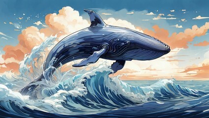 AI generated illustration of a majestic blue whale leaping out of the blue waters of the ocean - obrazy, fototapety, plakaty
