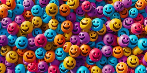 Colorful happy emoji faces pattern, smiling smiley characters in the same style, AI Generated.