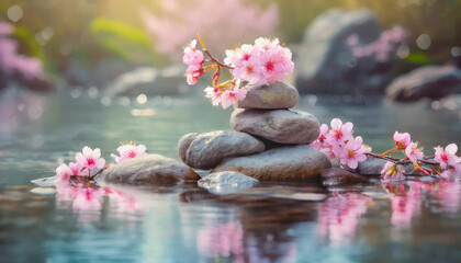Close-up of stones and pink blossoms in the water. Beautiful flowers. Spring season.