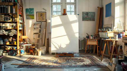 A room is packed with various art supplies, creating a chaotic and cluttered environment. Paint tubes, brushes, canvases, and other tools fill the space