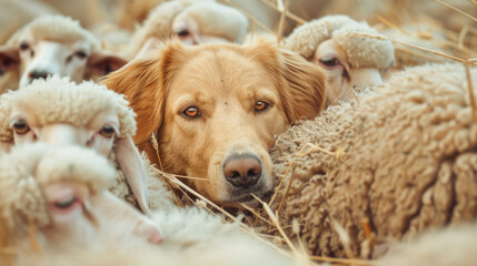 A dog is standing in the center of a herd of sheep in a grassy field
