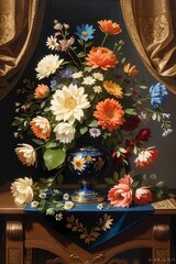 AI-generated illustration of a still life of a blue vase overflowing with colorful flowers