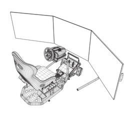 Electronic wheel technology for computer game, vector illustration. Race gaming simulator contour. Learn to drive with gaming wheel. Driving school, simulation driving lesson. Car racing video game