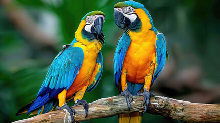 Two vividly colored parrots are sitting on a tree branch, showcasing their vibrant feathers and animated expressions in their natural habitat