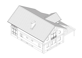 Outline suburban house model. Drawing of the modern building. Cottage project on white background. Vector blueprint. Isometric view. 3D.
