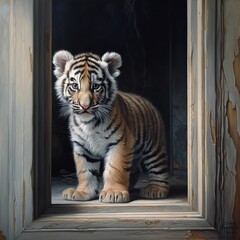 AI generated illustration of a cute tiger cub standing in a wooden frame