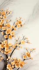AI generated illustration of a white wall adorned with yellow blossoming flowers on tree branches