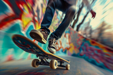 AI generated illustration of a skateboarder on pavement with vibrant graffiti walls in background
