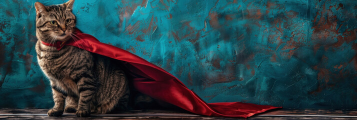 A cat wearing a vibrant red cape perched on a table - obrazy, fototapety, plakaty