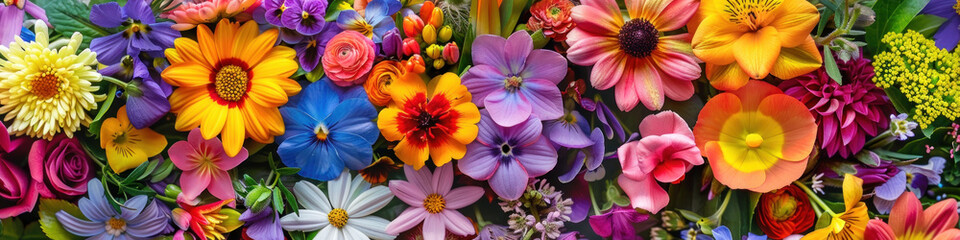 A collection of vibrant flowers scattered across lush green grass under the sun