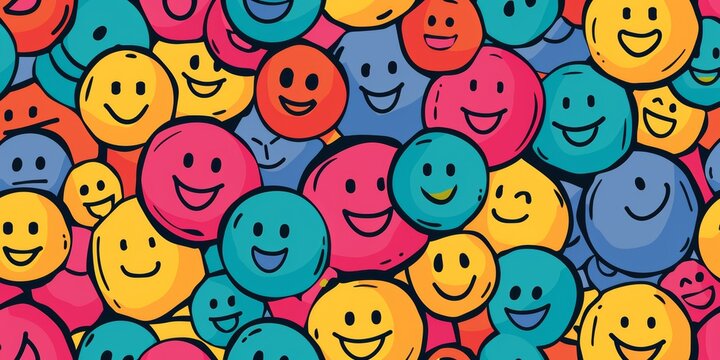 Naklejki Colorful happy emoji faces pattern, smiling smiley characters in the same style, AI Generated.