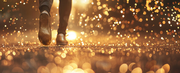 Shimmering golden sparks rising from a walking path, creating an enchanting atmosphere as someone walks by.