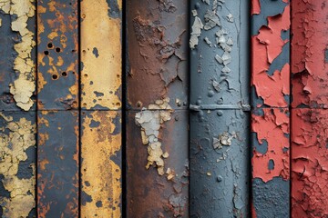 AI generated illustration of rusted steel pipes with vibrant patterned peeling paint