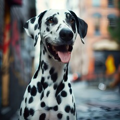 Closeup of a happy Dalmatian dog with a blurry street background, AI-generated.