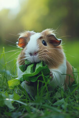 A brown and white guinea pig munching on a leaf of lettuce in a close-up view - obrazy, fototapety, plakaty