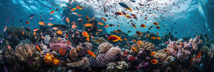 A large school of fish gracefully swims over a vibrant coral reef in the ocean depths