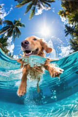 A dog happily swims in the ocean, with tall palm trees swaying in the background under a clear sky