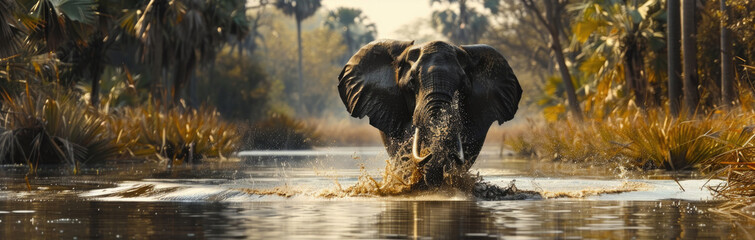 Elephant walking through a body of water, creating ripples as it moves along - Powered by Adobe