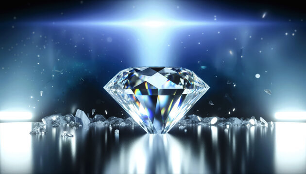 Radiant diamond illuminated by a beam of light, surrounded by smaller crystals, AI-generated.